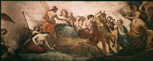 Ceres rides a reaper as Young America, wearing liberty cup, stands near.