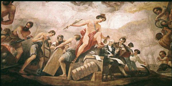 Sandaled Mercury offers a bag of gold to Robert Morris, "financier of the Revolution."