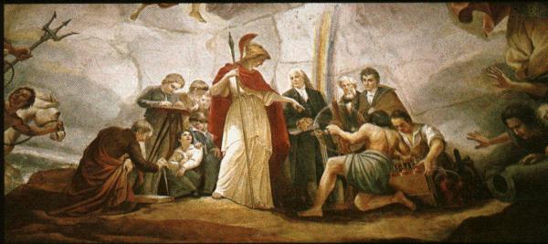 Wise Minerva speaks to Benjamin Franklin, S. F. B. Morse, and Robert Fulton.