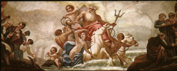 Bearded Neptune and Aphrodite, holding the Atlantic cable, rise from the sea.