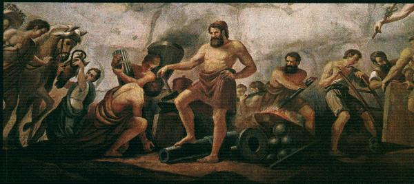 Vulcan rests his foot on a cannon.